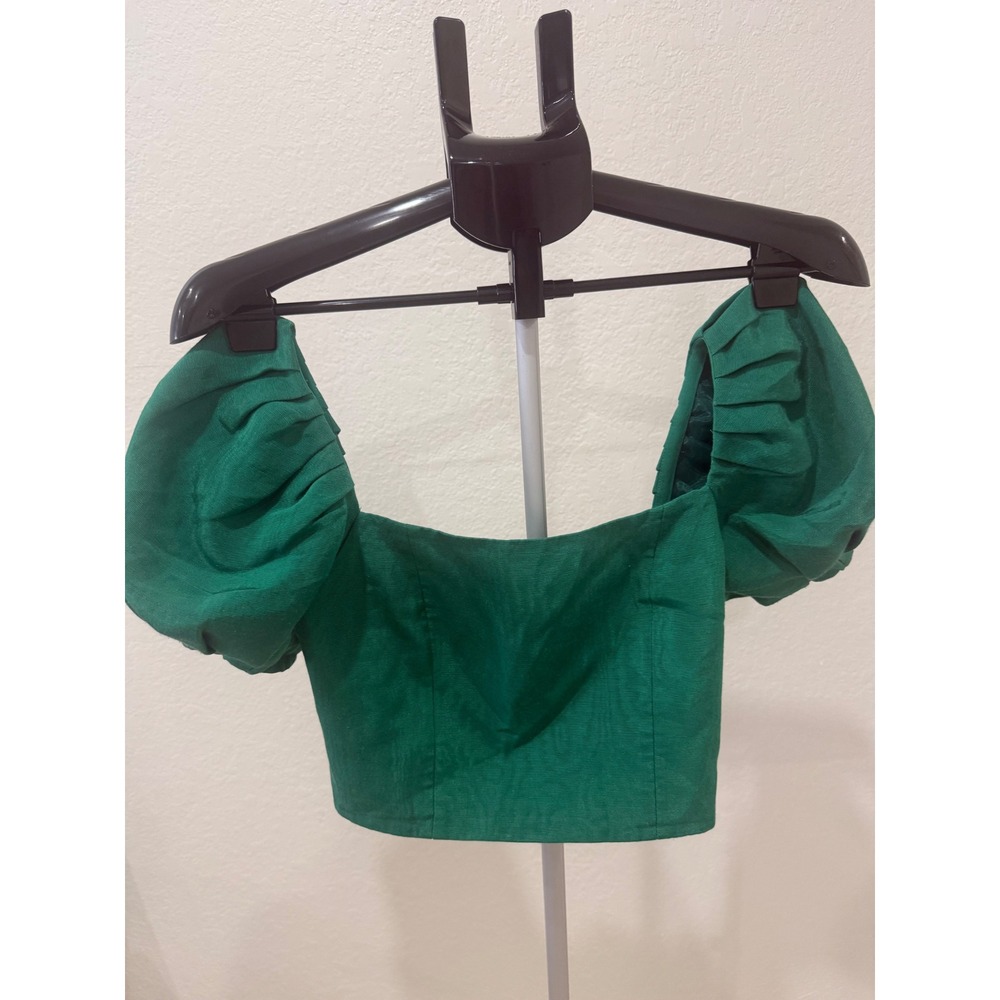 Alice + Olivia by Stacy Bendet Joslyn‎ Puff Sleeve Crop Top Emerald Smocked Sz 0